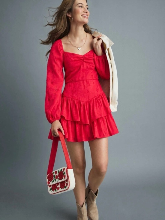 Francesca's Collections Dresses & Skirts - Francesca's Collections Red Long Sleeve Tiered Mini Dress XS